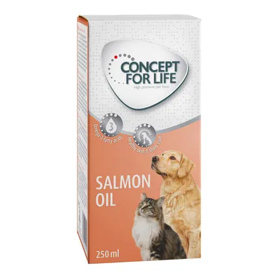 Concept for Life laxolja, 250 ml. Omega-3-fettsyror för frisk hud och glänsande päls. Avbildade: hund och katt.