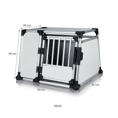 Transport crate with dimensions: 93 cm wide, 65 cm high, 81 cm deep at base and 50 cm deep at top. Metal bars on front door. Suitable for vehicle use.
