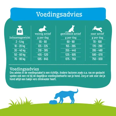 Voedingsschema voor honden: aanbevolen dagelijkse hoeveelheden afhankelijk van lichaamsgewicht en activiteitsniveau. Opmerking dat individuele factoren de hoeveelheid voer kunnen beïnvloeden.