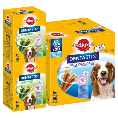 Pedigree Dentastix Daily Oral Care und Daily Fresh, Big Pack mit 56 Sticks für Hunde von 10-25 kg, unterstützt Zahnreinigung und frischen Atem.