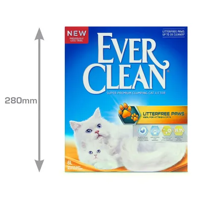 Caja de arena aglomerante para gatos Ever Clean Litterfree Paws, 6L. Texto visible: 'NEW', 'Litterfree paws: up to 3x cleaner', '99,9% dust free'. Altura del paquete: 280 mm.
