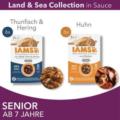 IAMS Land & Sea Collection en sauce, 6x thon et hareng, 6x poulet, pour chats seniors dès 7 ans. Texte en anglais et allemand sur les emballages.