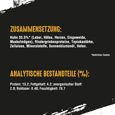 Zusammensetzung: Huhn 33.5%, Rindergriebenproteine, Tapiokastärke, Zellulose, Mineralstoffe, Sonnenblumenöl, Hefen. Analytische Bestandteile: Protein 13.2%, Fettgehalt 4.2%, Feuchtigkeit 78.7%.