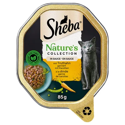 Sheba Nature's Collection In Sauce, 85g. Image shows cat food with carrots and peas, a grey cat, and text in German and French. Green leaf symbol with 'vitamin D3' visible.