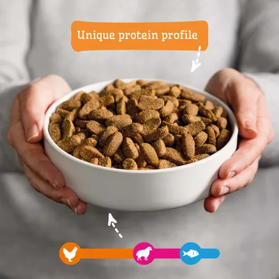 Miska so suchým krmivom, Text: Jedinečný profil bielkovín. Symboly pre kura, jahňacie a rybu sú zobrazené dole.