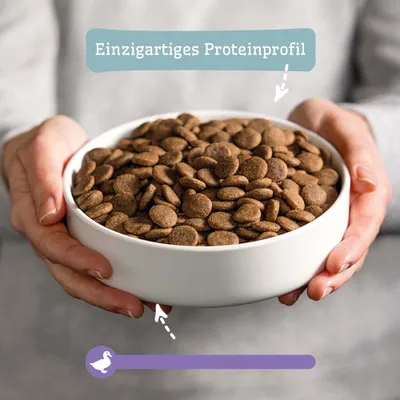 Schale mit Trockenfutter, Text: Einzigartiges Proteinprofil, Symbol einer Ente auf lila Balken Schale mit Trockenfutter, Text: Einzigartiges Proteinprofil, Symbol einer Ente auf lila Balken