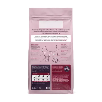 Back of pet food bag showing benefits for mature cats, including dental health, immune defence, heart health, skin and coat, urinary tract health, joint support, feeding guide, and 1.4kg weight.