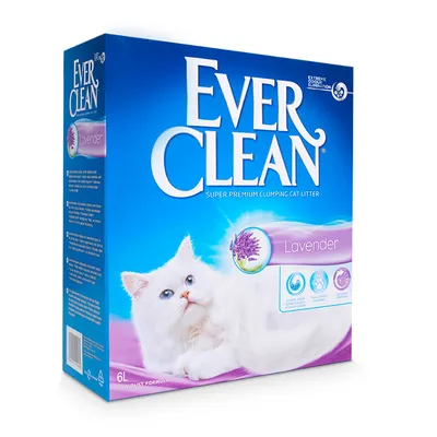 Embalagem de areia aglomerante para gatos Ever Clean Lavender, 6 L. Texto visível: Super Premium Clumping Cat Litter, Extreme Odour Elimination, Low Dust Formula.