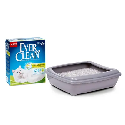 Ever Clean Spring Garden Katzenstreu neben einer grauen Katzentoilette mit eingefülltem Streu. Verpackung zeigt weiße Katze und Symbole für Frische, Geruchskontrolle und Klumpenbildung.