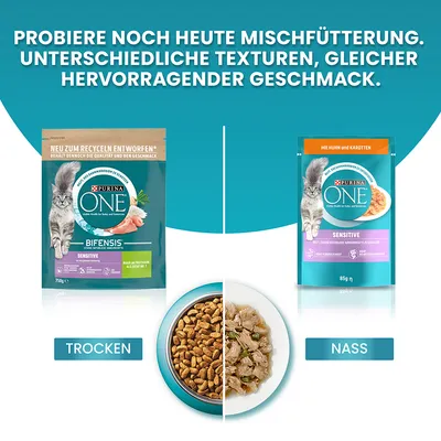 Purina ONE Sensitive Mischfütterung: Trockenfutter mit Bifensis und Nassfutter mit Huhn und Karotten. Unterschiedliche Texturen, gleicher hervorragender Geschmack.