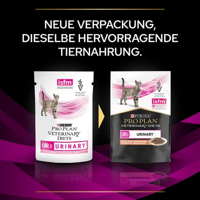Nouvel emballage, même alimentation animale. Deux sachets PURINA PRO PLAN VETERINARY DIETS UR ST/OX URINARY pour chat, logos isfm et VETERINARY CLINICAL NUTRITION visibles. Texte en allemand.