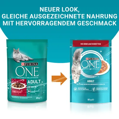 Comparaison de deux sachets Purina ONE Adult 85 g pour chat, ancien et nouveau design, texte en allemand : 'Neuer Look, gleiche ausgezeichnete Nahrung mit hervorragendem Geschmack'.