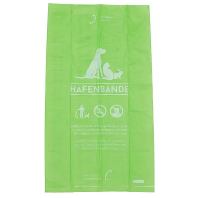 Grüner Plastikbeutel mit Hafenbande-Logo, Warnhinweis: Erstickungsgefahr, von Kindern fernhalten. Nicht als Spielzeug geeignet. Öffnung oben markiert mit 'Hier öffnen'.