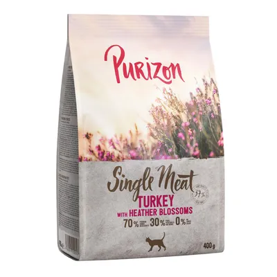Purizon Single Meat Turkey with Heather Blossoms, 400 g. 70 % morčacieho mäsa, 30 % ovocia a zeleniny, 0 % obilnín. Obal zobrazuje siluetu mačky.