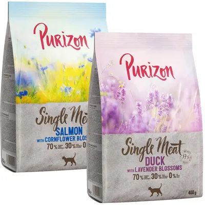 Purizon Single Meat suché krmivo pro kočky, varianty losos s chrpou a kachna s levandulí, 70 % masa, 30 % zeleniny, 0 % obilovin, balení 400 g.