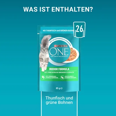 Purina ONE Indoor Formula mit Thunfisch und grünen Bohnen, 85g. Hilft, starke Abwehrkräfte zu erhalten, übermässiges Haaren zu vermindern und einen schlanken, gesunden Körperbau zu fördern.