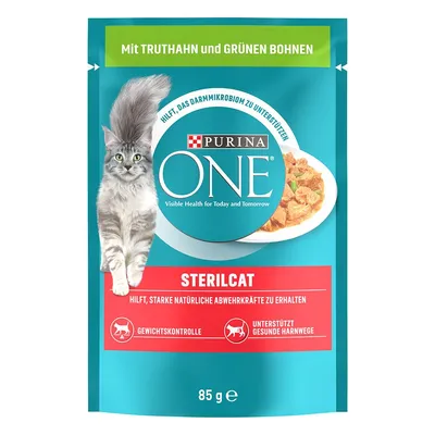 Purina ONE Sterilcat 85 g, widoczny kot, tekst: Mit Truthahn und grünen Bohnen, Gewichts­kontrolle, Unterstützt gesunde Harnwege. Opakowanie karmy dla kotów sterylizowanych.