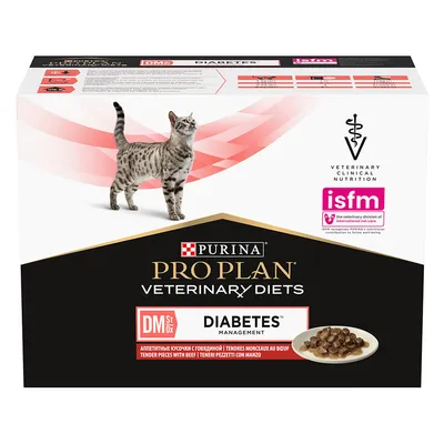 Purina Pro Plan Veterinary Diets Diabetes Management für Katzen. Appetitliche Stückchen mit Rind. ISFM-zertifiziert für veterinärmedizinische Ernährung.