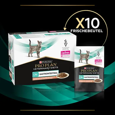 Purina Pro Plan Veterinary Diets EN Gastrointestinal für Katzen. Verpackung mit 10 Frischebeuteln, ISFM-zertifiziert, geeignet für empfindliche Verdauung.