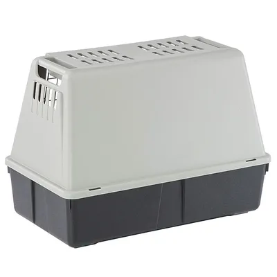 Toilette per gatti in plastica con coperchio grigio chiaro, base nera e prese d'aria laterali e superiori visibili.