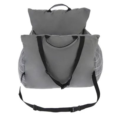 Grey portable pet carrier with padded sides, carrying handles and adjustable shoulder strap. Suitable for transporting small animals.