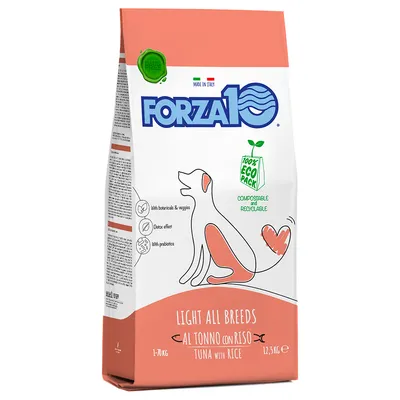 Forza10 Light All Breeds al tonno con riso, tuna with rice, 12,5 kg. 100% eco pack, compostable and recyclable. Made in Italy. S viditelným psem a ikonami botanicals, detox, prebiotics.