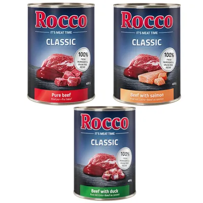 Rocco Classic comida húmeda, variedades: Pure Beef, Beef with Salmon, Beef with Duck. 100% ingredientes frescos, receta sin cereales, latas de 400g.