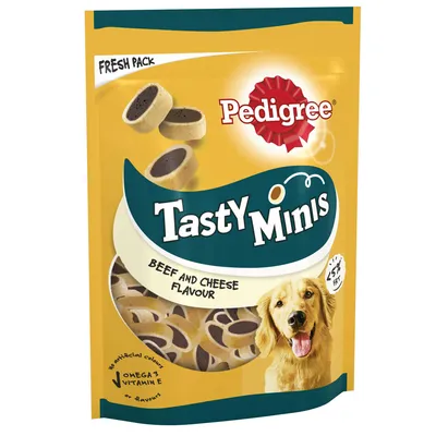 Tasty Minis beef and cheese flavour treats, less than 5% fat, with omega 3 and vitamin E, no artificial colours or flavours. Fresh pack shown.
