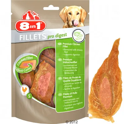 8in1 FILLETS pro digest, Chicken Fillet +Nutri-Center, opakowanie z widocznymi filetami z kurczaka, tekst w języku angielskim, niemieckim, francuskim i włoskim. Rozmiar S.