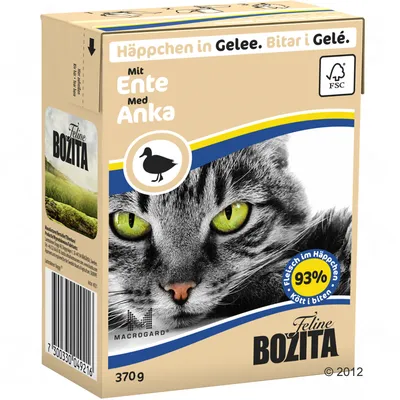 Feline Bozita, 370 g, kúsky v želé s kačacím mäsom, 93 % mäsa v kúskoch, FSC certifikát, obrázok mačky na obale. Text v nemčine a švédčine.