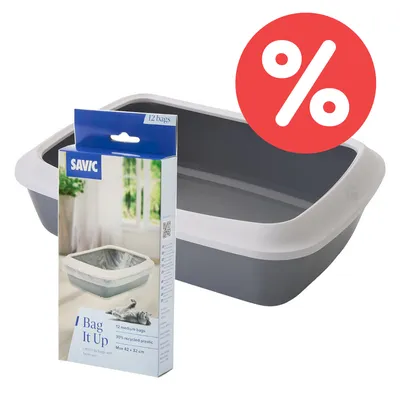 Savic Bag It Up, 12 mittelgroße Beutel aus 30% recyceltem Plastik für Katzentoiletten, Maße: 42 x 32 cm. Graue Katzentoilette mit weißem Rand und Rabatt-Symbol.