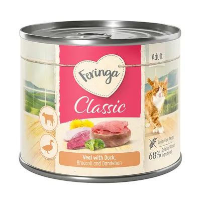 Boîte Feringa Classic pour chat adulte, veal with duck, broccoli and dandelion, 68 % selected animal ingredients, grain-free recipe. Image de viande, brocoli, pissenlit et chat visible.