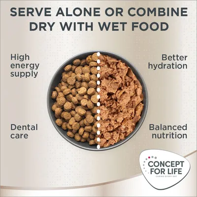 Testo in inglese: Serve alone or combine dry with wet food. High energy supply, dental care, better hydration, balanced nutrition. Concept for Life.