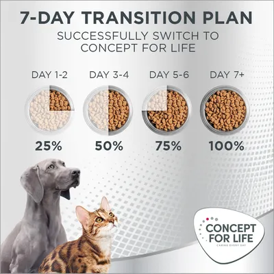 Piano di transizione 7 giorni Concept for Life: giorno 1–2 25%, giorno 3–4 50%, giorno 5–6 75%, giorno 7+ 100%. Immagine di cane, gatto e ciotole con crocchette.