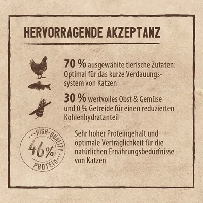 Besedilo v nemščini: 70 % ausgewählte tierische Zutaten, 30 % wertvolles Obst & Gemüse und 0 % Getreide, HIGH-QUALITY PROTEIN 46 %, Sehr hoher Proteingehalt und optimale Verträglichkeit für Katzen.