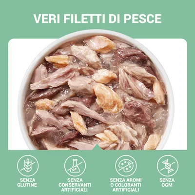 Vera ciotola con filetti di pesce. Testo: VERI FILETTI DI PESCE. Icone e scritte: senza glutine, senza conservanti artificiali, senza aromi o coloranti artificiali, senza OGM.