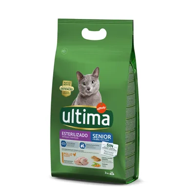 Sacchetto di crocchette per gatti Ultima Sterilizzato Senior +10 anni, pollo, 3 kg. Testo visibile: 'Nuevo', 'Defences', 'Sin colorantes conservantes artificiales', 'Verduras'.