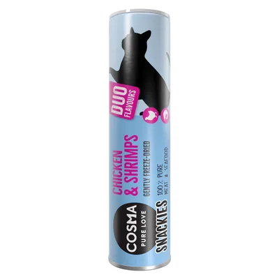 COSMA SNACKIES DUO FLAVOURS Chicken & Shrimps, gently freeze-dried, 100% pure meat & seafood -kissanherkkupakkaus