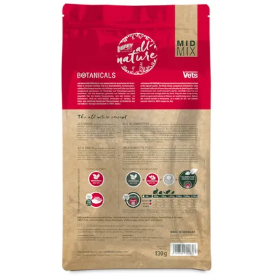 Συσκευασία Bunny all nature Botanicals MID MIX 130g. Οδηγίες διατροφής, ανάλυση συστατικών και εικονίδια πιστοποίησης ορατά στην πίσω πλευρά. Κείμενο στα αγγλικά και γερμανικά.