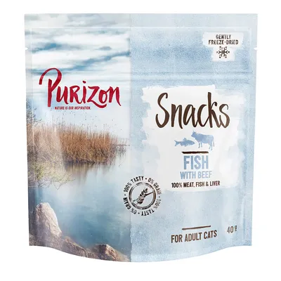 Purizon Snacks Fish with Beef, 100% meat, fish & liver, dla dorosłych kotów, 40 g. Gently freeze-dried. 0% grain, 100% tasty – tekst na opakowaniu.