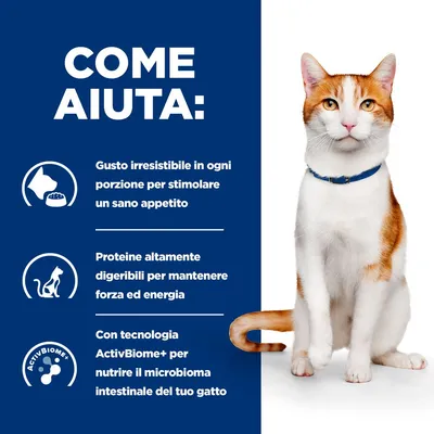 COME AIUTA: Gusto irresistibile in ogni porzione per stimolare un sano appetito. Proteine altamente digeribili per mantenere forza ed energia. Tecnologia ActivBiome+ per il microbioma intestinale del gatto.