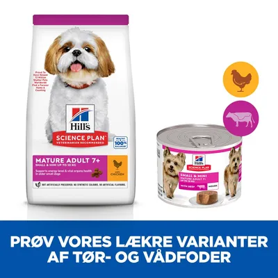 Hill's Science Plan Mature Adult 7+ Small & Mini tørfoder med kylling og vådfoder med oksekød. Tekst: Prøv vores lækre varianter af tør- og vådfoder.