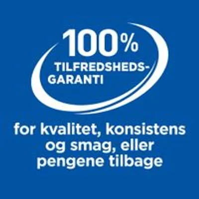100 % tilfredshedsgaranti for kvalitet, konsistens og smag, eller pengene tilbage