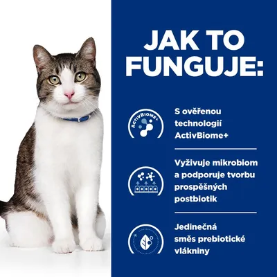 Text v češtine: Jak to funguje: S ověřenou technologií ActivBiome+, Vyživuje mikrobiom a podporuje tvorbu prospěšných postbiotik, Jedinečná směs prebiotické vlákniny.