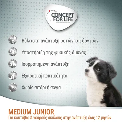 CONCEPT FOR LIFE. Βέλτιστη ανάπτυξη οστών και δοντιών, υποστήριξη φυσικής άμυνας, ισορροπημένη ανάπτυξη, εξαιρετική πεπτικότητα, χωρίς σιτάρι ή σόγια. Medium Junior για κουτάβια έως 12 μηνών. CONCEPT FOR LIFE. Βέλτιστη ανάπτυξη οστών και δοντιών, υποστήριξη φυσικής άμυνας, ισορροπημένη ανάπτυξη, εξαιρετική πεπτικότητα, χωρίς σιτάρι ή σόγια. Medium Junior για κουτάβια έως 12 μηνών.