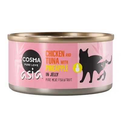 Boîte Cosma Pure Love Asia, texte visible : Chicken and Tuna with Pineapple in Jelly, Pure Meat, Fish & Fruit, illustration de chat noir et ananas sur fond rose.