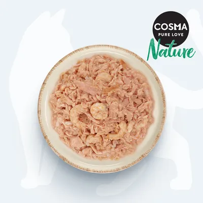 Cosma Pure Love Nature. Schüssel mit zerkleinertem Hühnerfleisch und Garnelen.