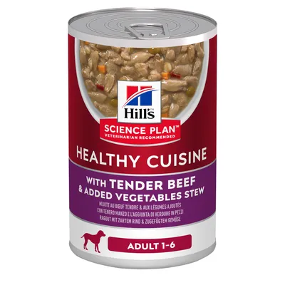 Hill's Science Plan Healthy Cuisine, ragù con tenero manzo e verdure in pezzi, per cani adulti 1–6 anni. Testo visibile: 'Veterinarian recommended', 'Adult 1-6'.