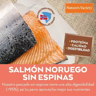 Salmón noruego sin espinas. Nature’s Variety. Salmon from Norway controlled origin. +Proteína +Calidad +Digestibilidad. Nuestro pescado sin espinas tiene una alta digestibilidad (>95%).