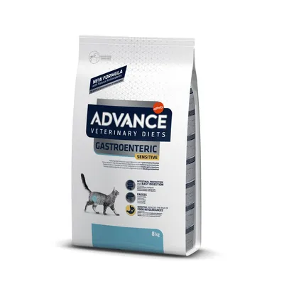 Confezione Advance Veterinary Diets Gastroenteric Sensitive per gatti, 8 kg. Testo visibile: New Formula, Intestinal protection and easy digestion, Faeces control, Reduces the risk of food intolerances.